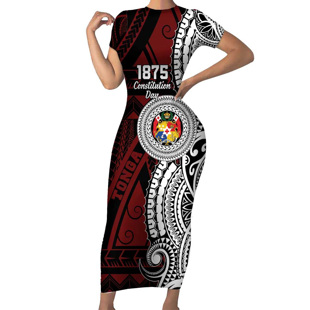 Personalised Tonga Constitution Day 1875 Short Sleeve Bodycon Dress Polynesian Tribal Tattoo LT9 Long Dress Red - Polynesian Pride