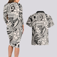 Polynesia Couples Matching Long Sleeve Bodycon Dress and Hawaiian Shirt Tribal Polynesian Spirit With Beige Pacific Flowers LT9 - Polynesian Pride
