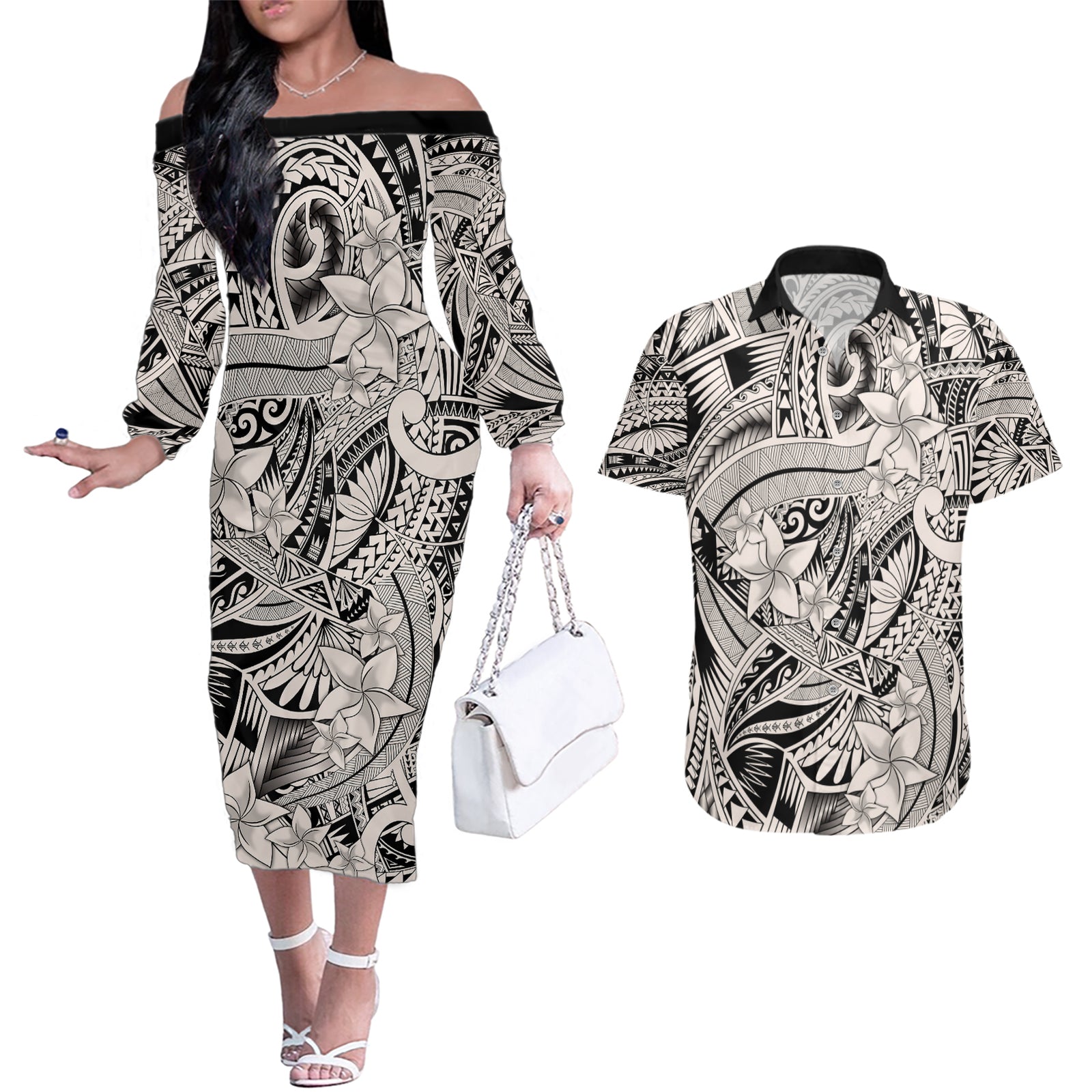 Polynesia Couples Matching Off The Shoulder Long Sleeve Dress and Hawaiian Shirt Tribal Polynesian Spirit With Beige Pacific Flowers LT9 Beige - Polynesian Pride