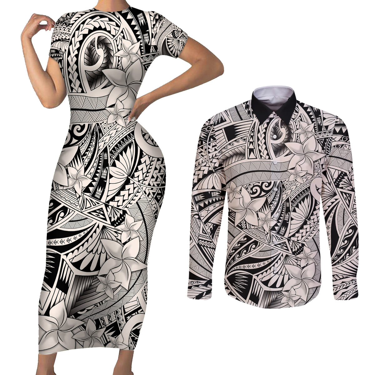 Polynesia Couples Matching Short Sleeve Bodycon Dress and Long Sleeve Button Shirt Tribal Polynesian Spirit With Beige Pacific Flowers LT9 Beige - Polynesian Pride