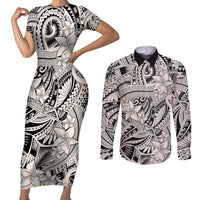 Polynesia Couples Matching Short Sleeve Bodycon Dress and Long Sleeve Button Shirt Tribal Polynesian Spirit With Beige Pacific Flowers LT9 Beige - Polynesian Pride