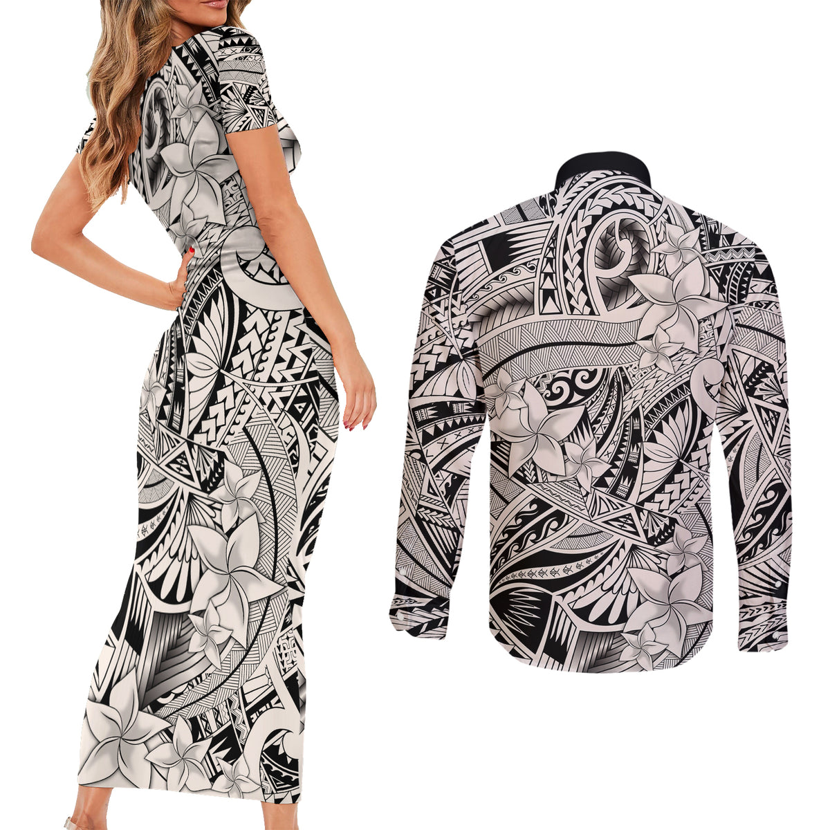 Polynesia Couples Matching Short Sleeve Bodycon Dress and Long Sleeve Button Shirt Tribal Polynesian Spirit With Beige Pacific Flowers LT9 - Polynesian Pride