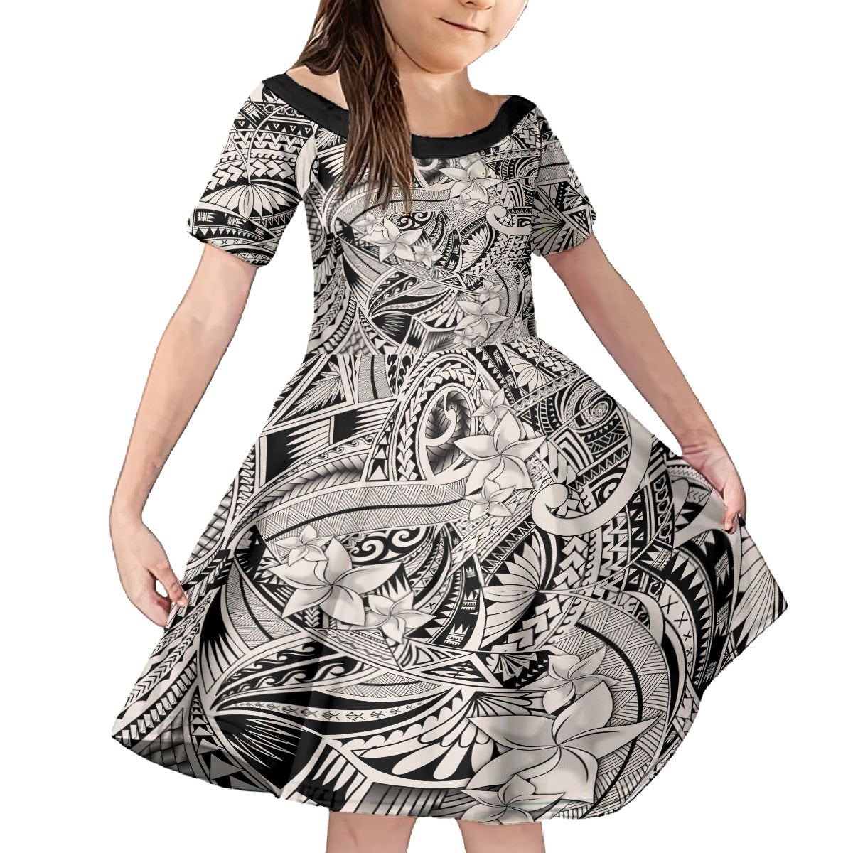 Polynesia Kid Short Sleeve Dress Tribal Polynesian Spirit With Beige Pacific Flowers LT9 KID Beige - Polynesian Pride