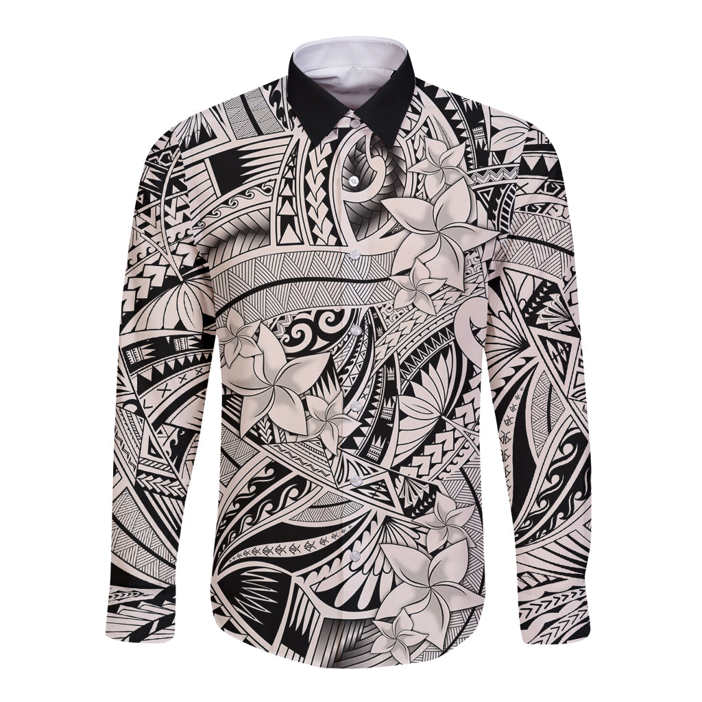 Polynesia Long Sleeve Button Shirt Tribal Polynesian Spirit With Beige Pacific Flowers LT9 Unisex Beige - Polynesian Pride