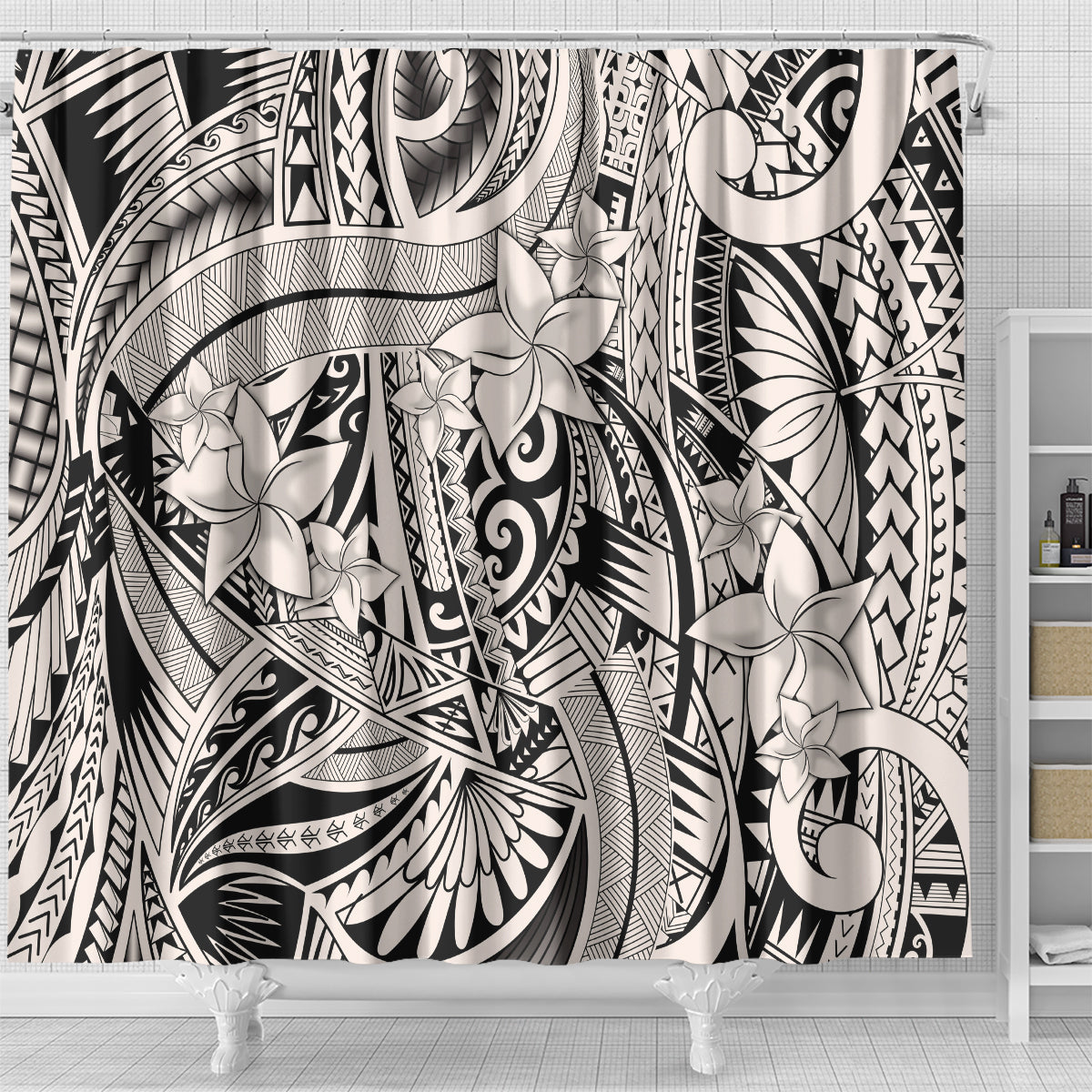 Polynesia Shower Curtain Tribal Polynesian Spirit With Beige Pacific Flowers LT9 - Polynesian Pride