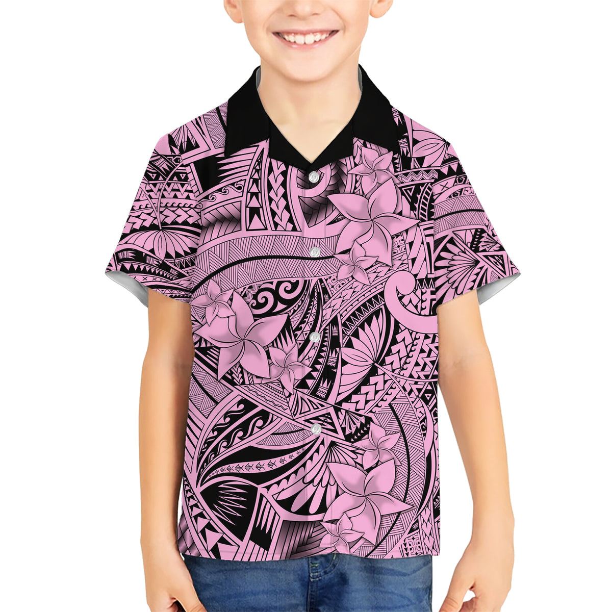 Polynesia Kid Hawaiian Shirt Tribal Polynesian Spirit With Pink Pacific Flowers LT9 Kid Pink - Polynesian Pride