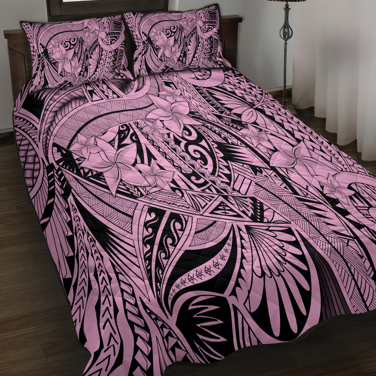 Polynesia Quilt Bed Set Tribal Polynesian Spirit With Pink Pacific Flowers LT9 - Polynesian Pride