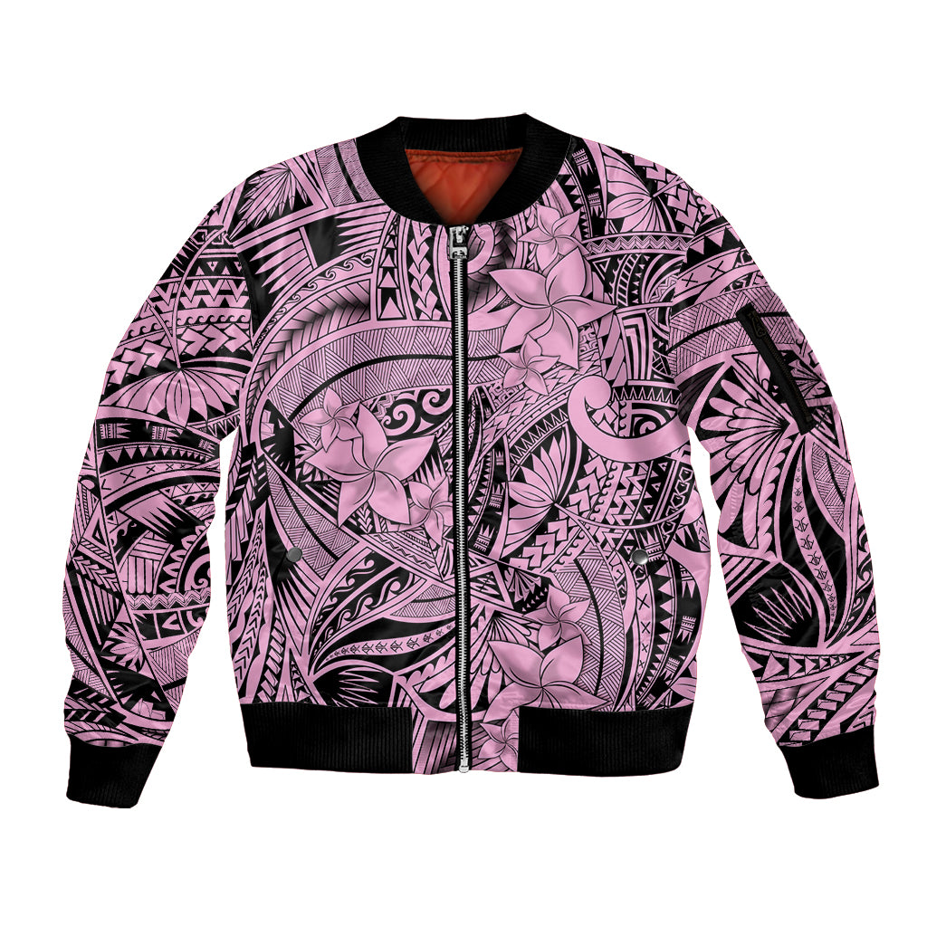 Polynesia Sleeve Zip Bomber Jacket Tribal Polynesian Spirit With Pink Pacific Flowers LT9 Unisex Pink - Polynesian Pride