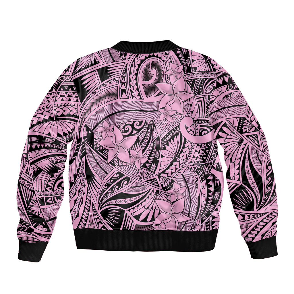 Polynesia Sleeve Zip Bomber Jacket Tribal Polynesian Spirit With Pink Pacific Flowers LT9 - Polynesian Pride