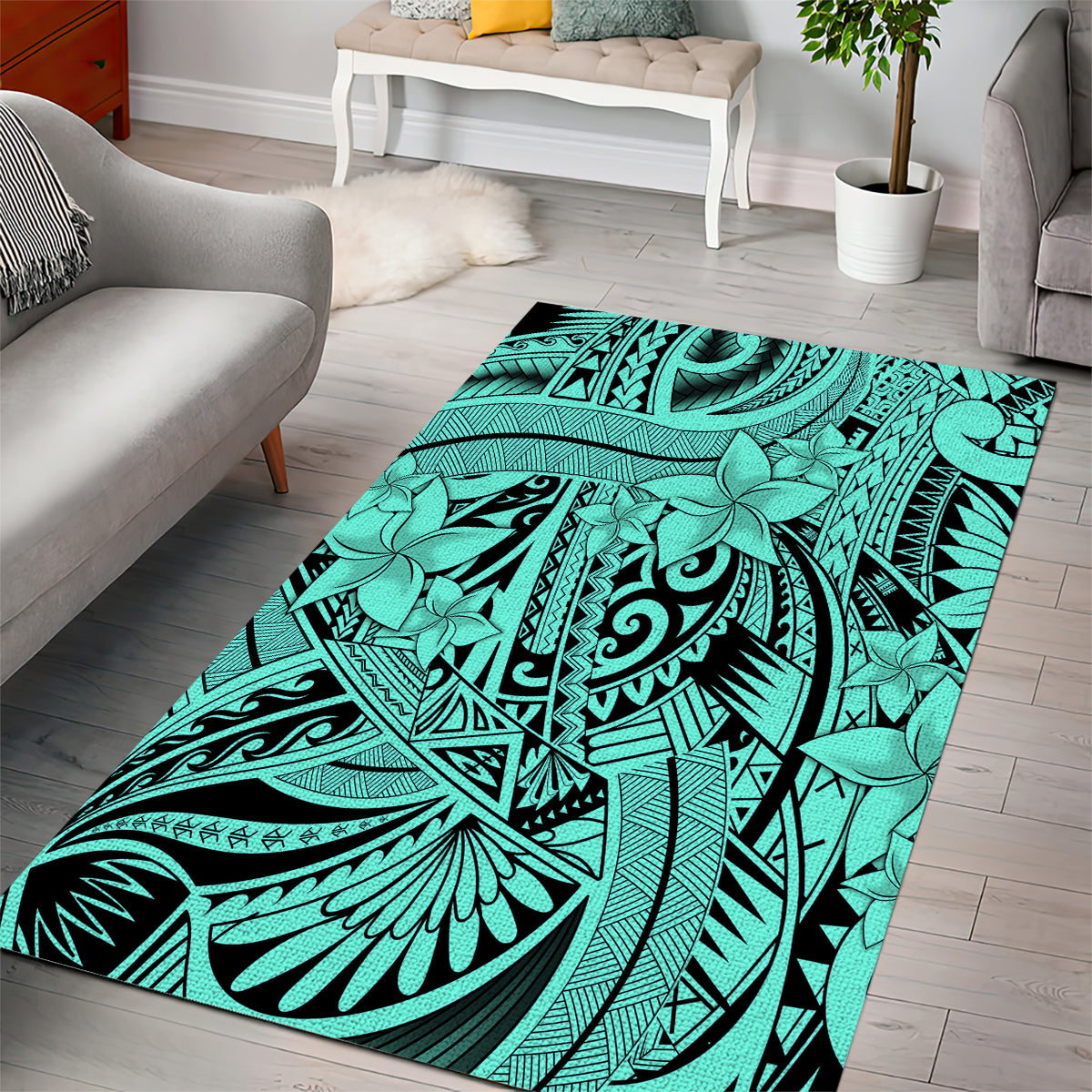 Polynesia Area Rug Tribal Polynesian Spirit With Teal Pacific Flowers LT9 - Polynesian Pride