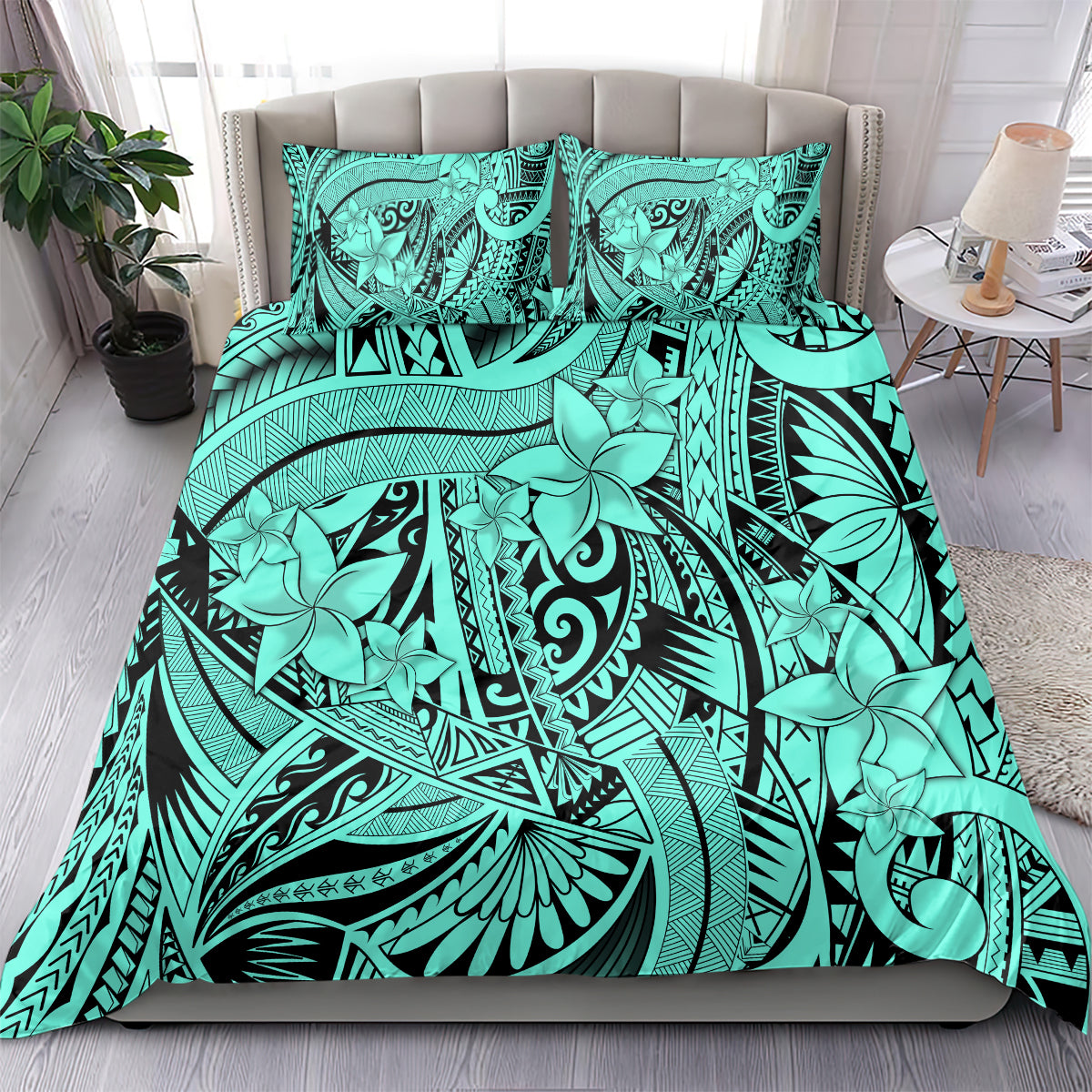Polynesia Bedding Set Tribal Polynesian Spirit With Teal Pacific Flowers LT9 - Polynesian Pride