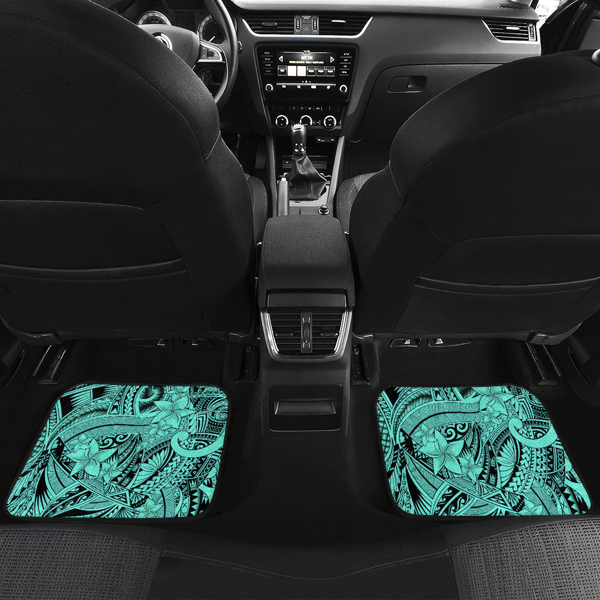 Polynesia Car Mats Tribal Polynesian Spirit With Teal Pacific Flowers LT9 Set 2pcs - Back Teal - Polynesian Pride