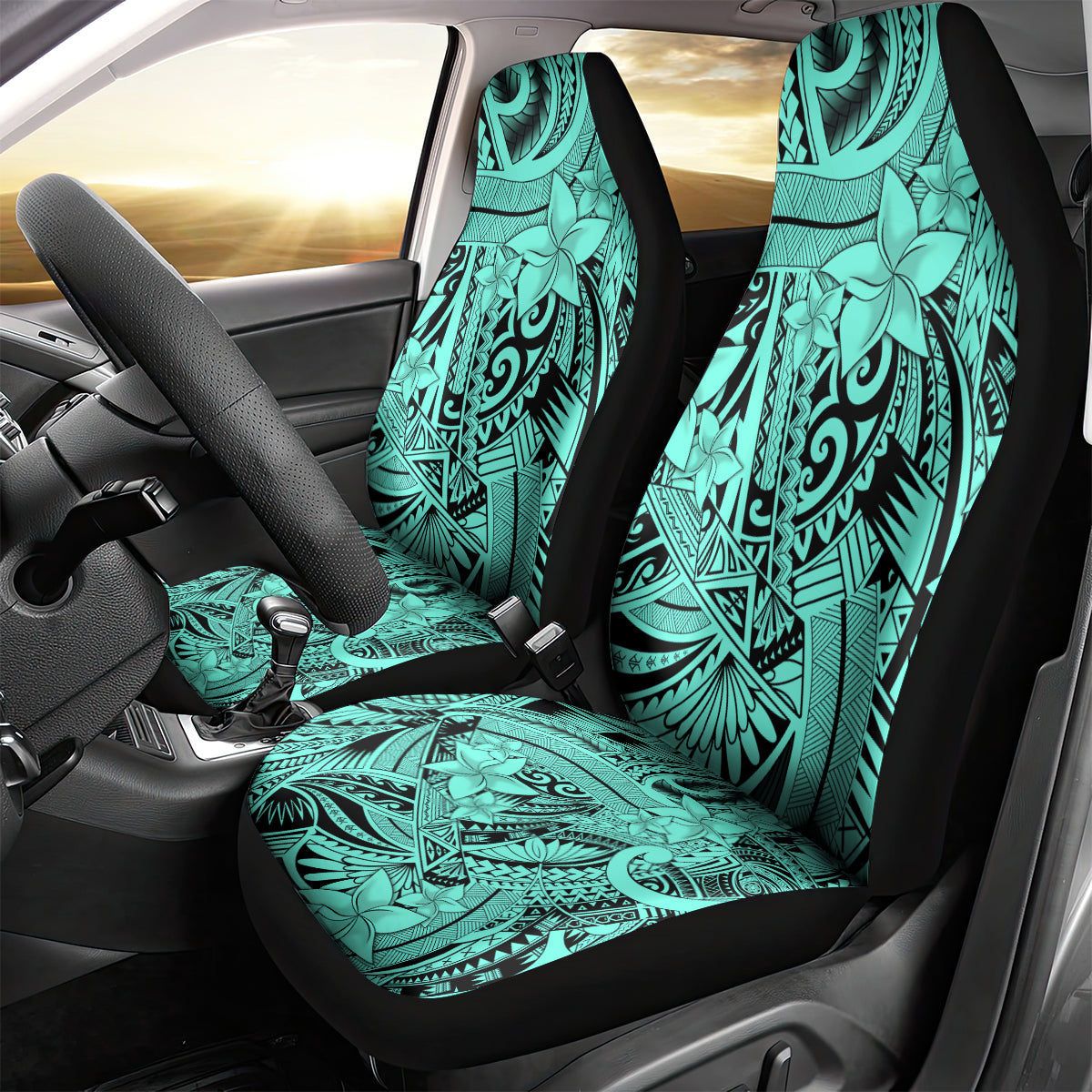 Polynesia Car Seat Cover Tribal Polynesian Spirit With Teal Pacific Flowers LT9 - Polynesian Pride