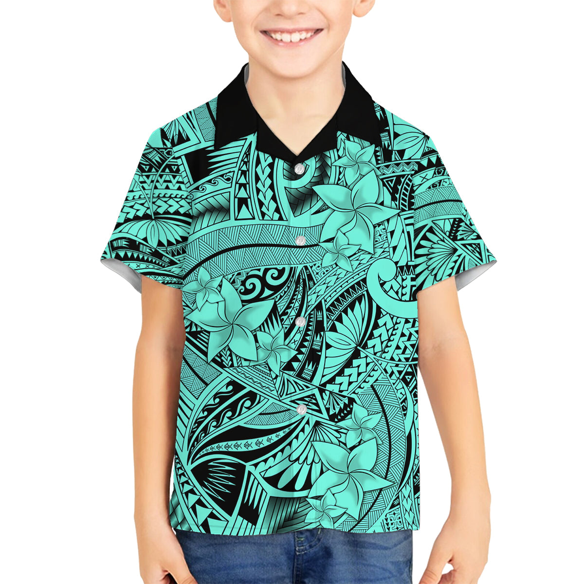 Polynesia Family Matching Long Sleeve Bodycon Dress and Hawaiian Shirt Tribal Polynesian Spirit With Teal Pacific Flowers LT9 Son's Shirt Teal - Polynesian Pride