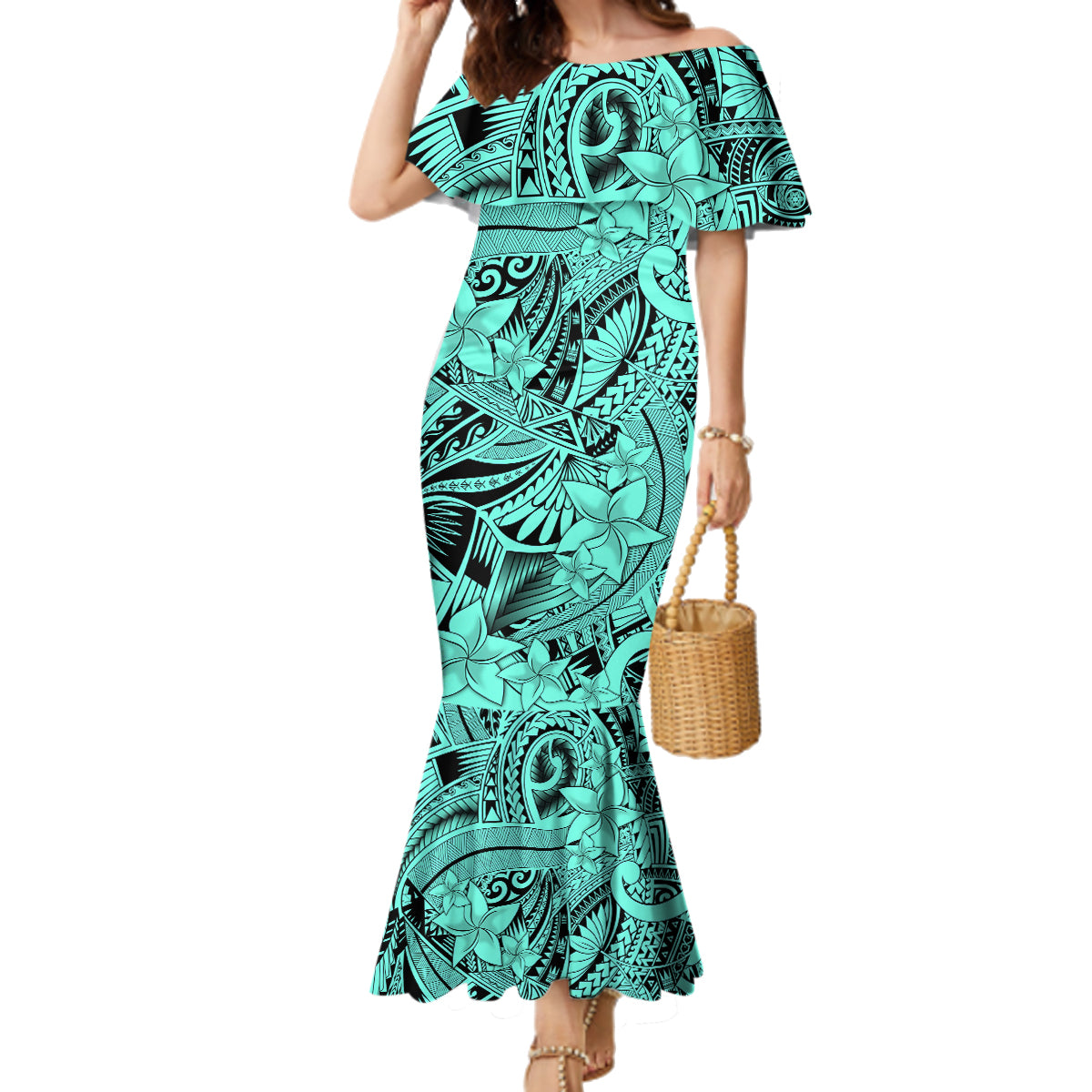 Polynesia Family Matching Mermaid Dress and Hawaiian Shirt Tribal Polynesian Spirit With Teal Pacific Flowers LT9 Mom's Dress Teal - Polynesian Pride