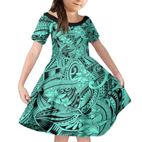 Polynesia Kid Short Sleeve Dress Tribal Polynesian Spirit With Teal Pacific Flowers LT9 KID Teal - Polynesian Pride