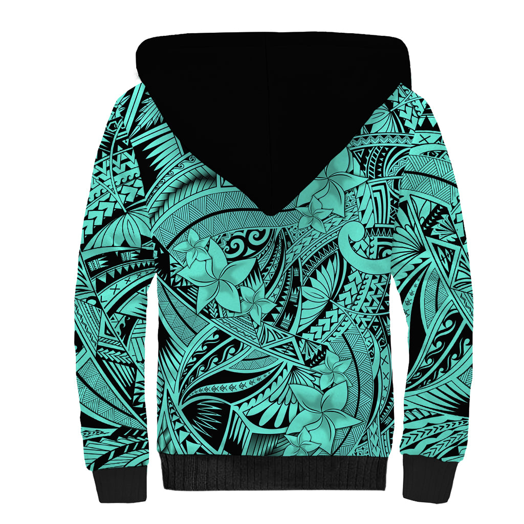 Polynesia Sherpa Hoodie Tribal Polynesian Spirit With Teal Pacific Flowers LT9 - Polynesian Pride