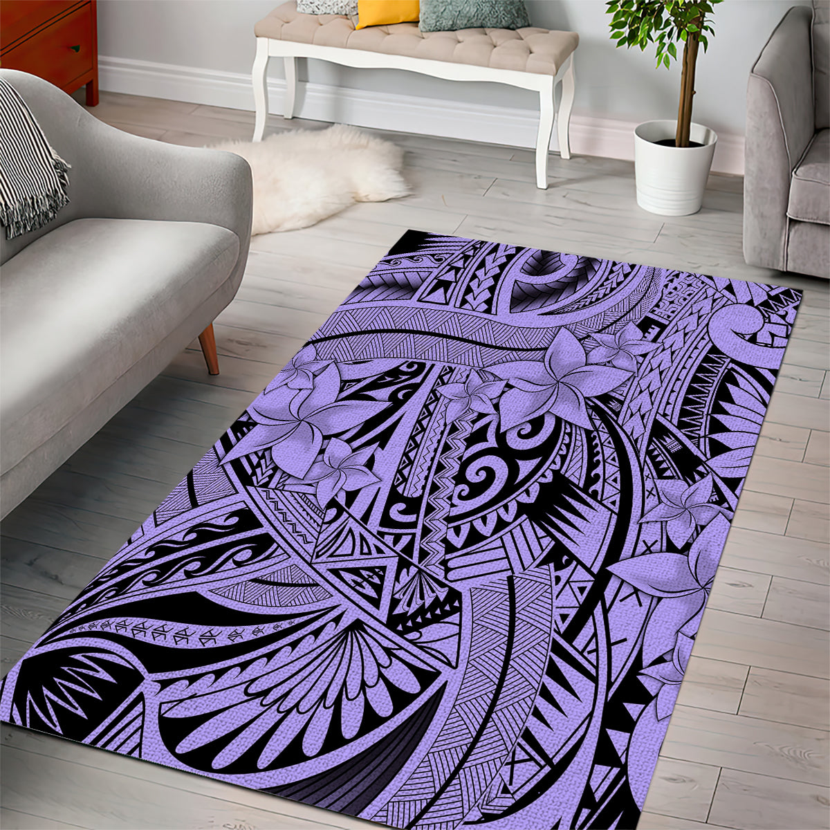 Polynesia Area Rug Tribal Polynesian Spirit With Violet Pacific Flowers LT9 - Polynesian Pride
