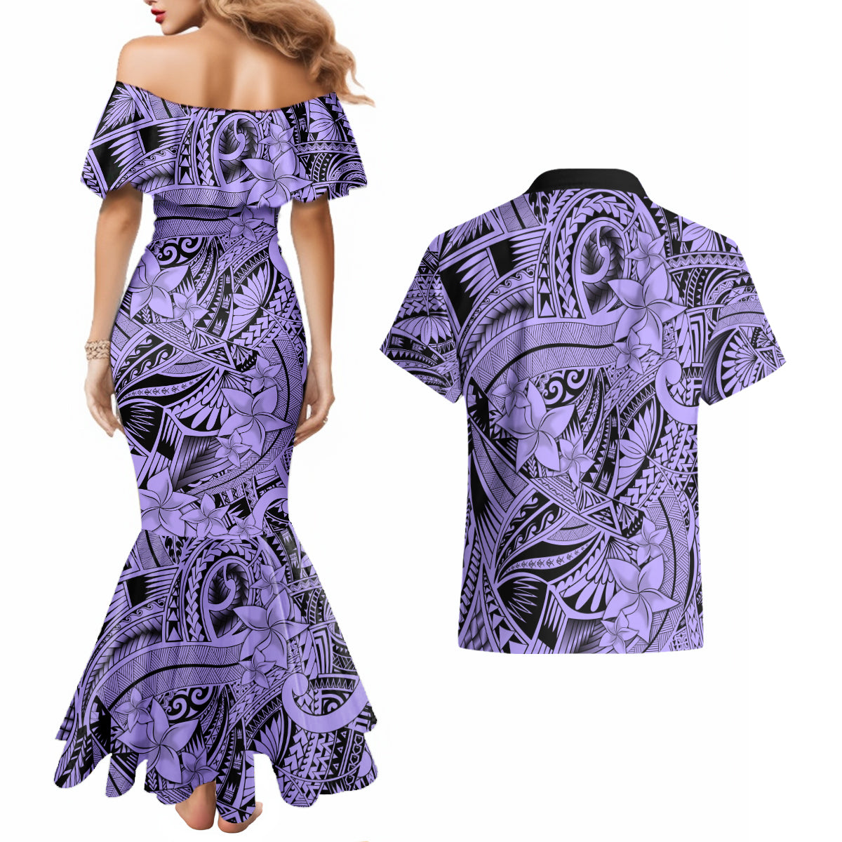 Polynesia Couples Matching Mermaid Dress and Hawaiian Shirt Tribal Polynesian Spirit With Violet Pacific Flowers LT9 - Polynesian Pride