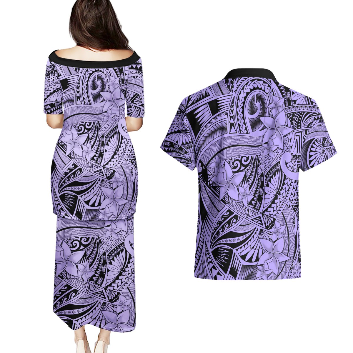Polynesia Couples Matching Puletasi Dress and Hawaiian Shirt Tribal Polynesian Spirit With Violet Pacific Flowers LT9 - Polynesian Pride