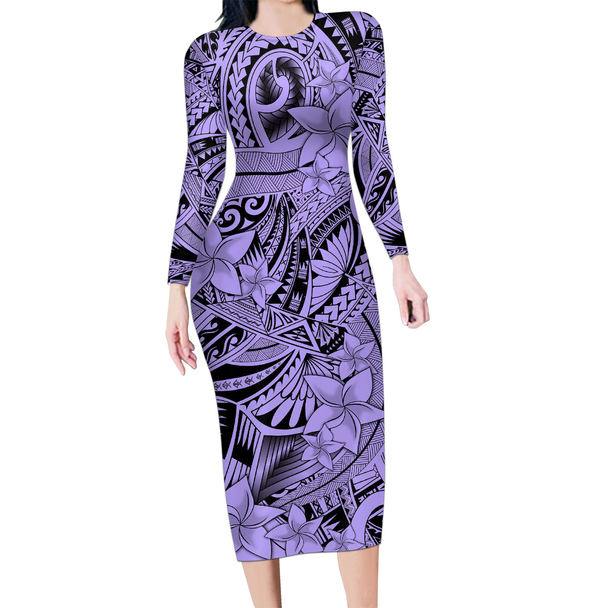 Polynesia Family Matching Long Sleeve Bodycon Dress and Hawaiian Shirt Tribal Polynesian Spirit With Violet Pacific Flowers LT9 Mom's Dress Violet - Polynesian Pride