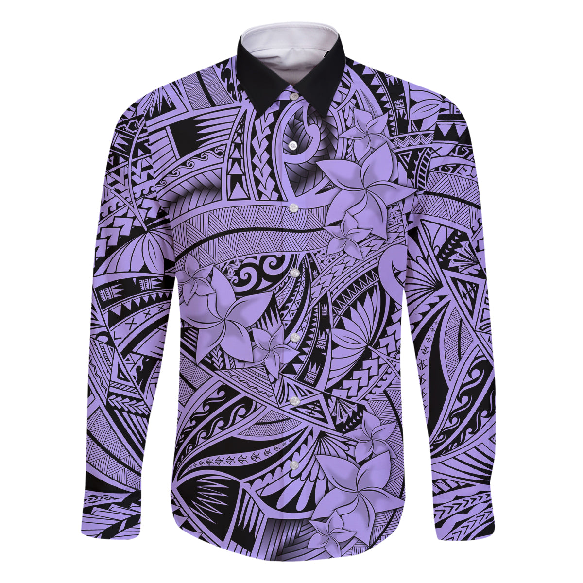 Polynesia Family Matching Off Shoulder Short Dress and Hawaiian Shirt Tribal Polynesian Spirit With Violet Pacific Flowers LT9 Dad's Shirt - Long Sleeve Violet - Polynesian Pride