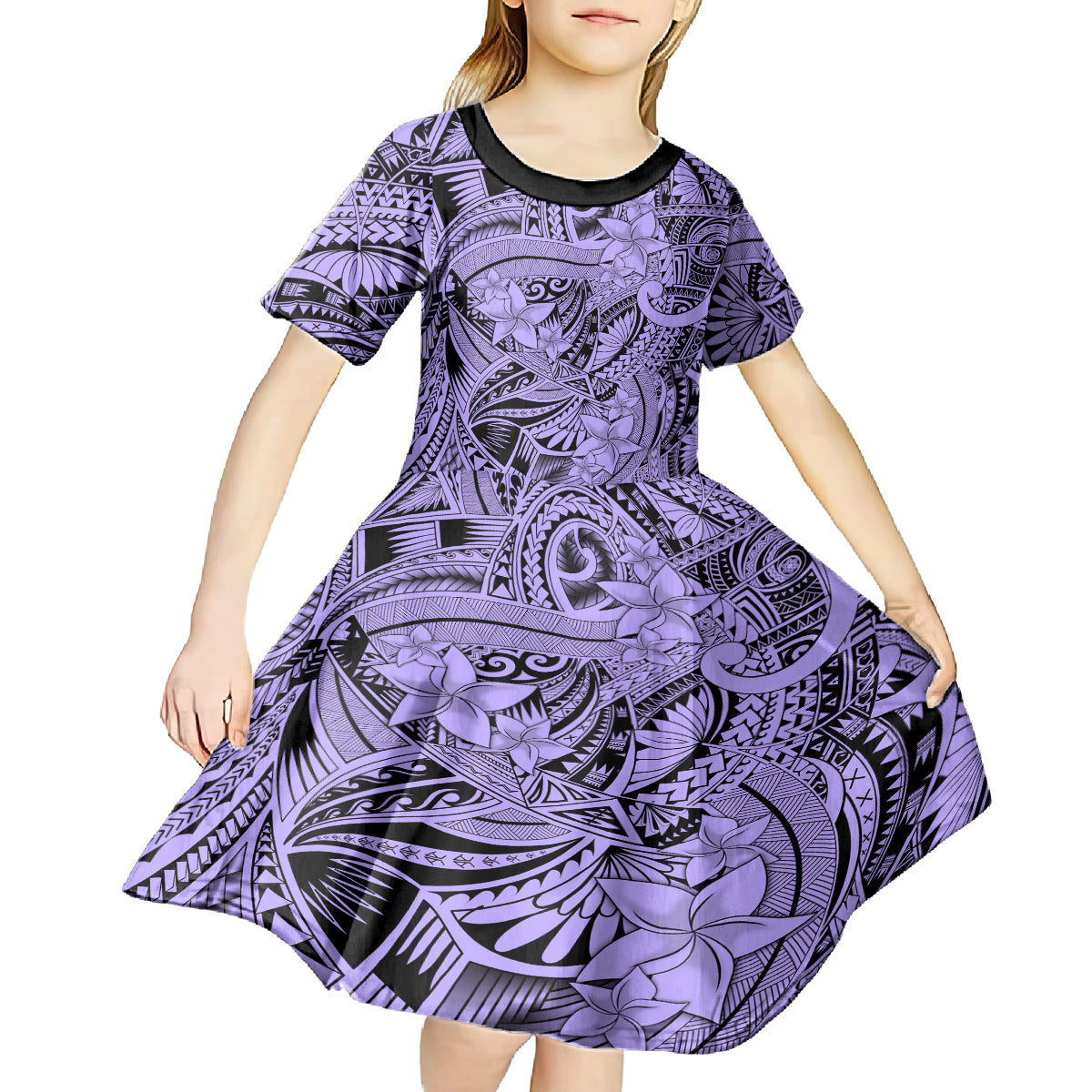 Polynesia Kid Short Sleeve Dress Tribal Polynesian Spirit With Violet Pacific Flowers LT9 - Polynesian Pride