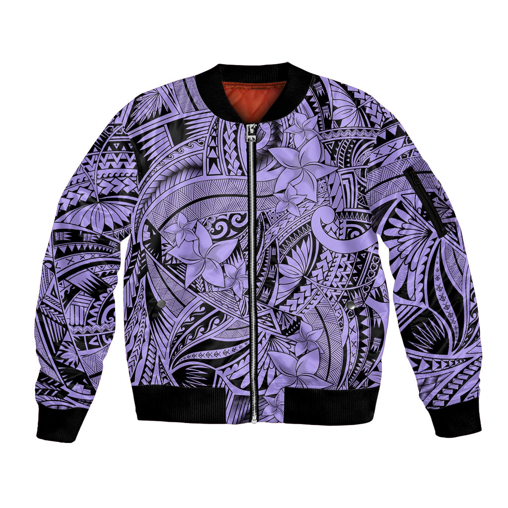 Polynesia Sleeve Zip Bomber Jacket Tribal Polynesian Spirit With Violet Pacific Flowers LT9 Unisex Violet - Polynesian Pride