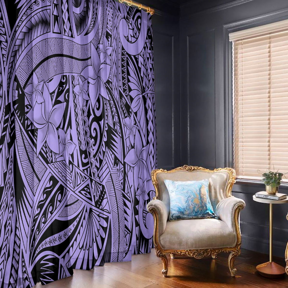 Polynesia Window Curtain Tribal Polynesian Spirit With Violet Pacific Flowers LT9 With Hooks Violet - Polynesian Pride