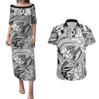 Polynesia Couples Matching Puletasi Dress and Hawaiian Shirt Tribal Polynesian Spirit With White Pacific Flowers LT9 White - Polynesian Pride