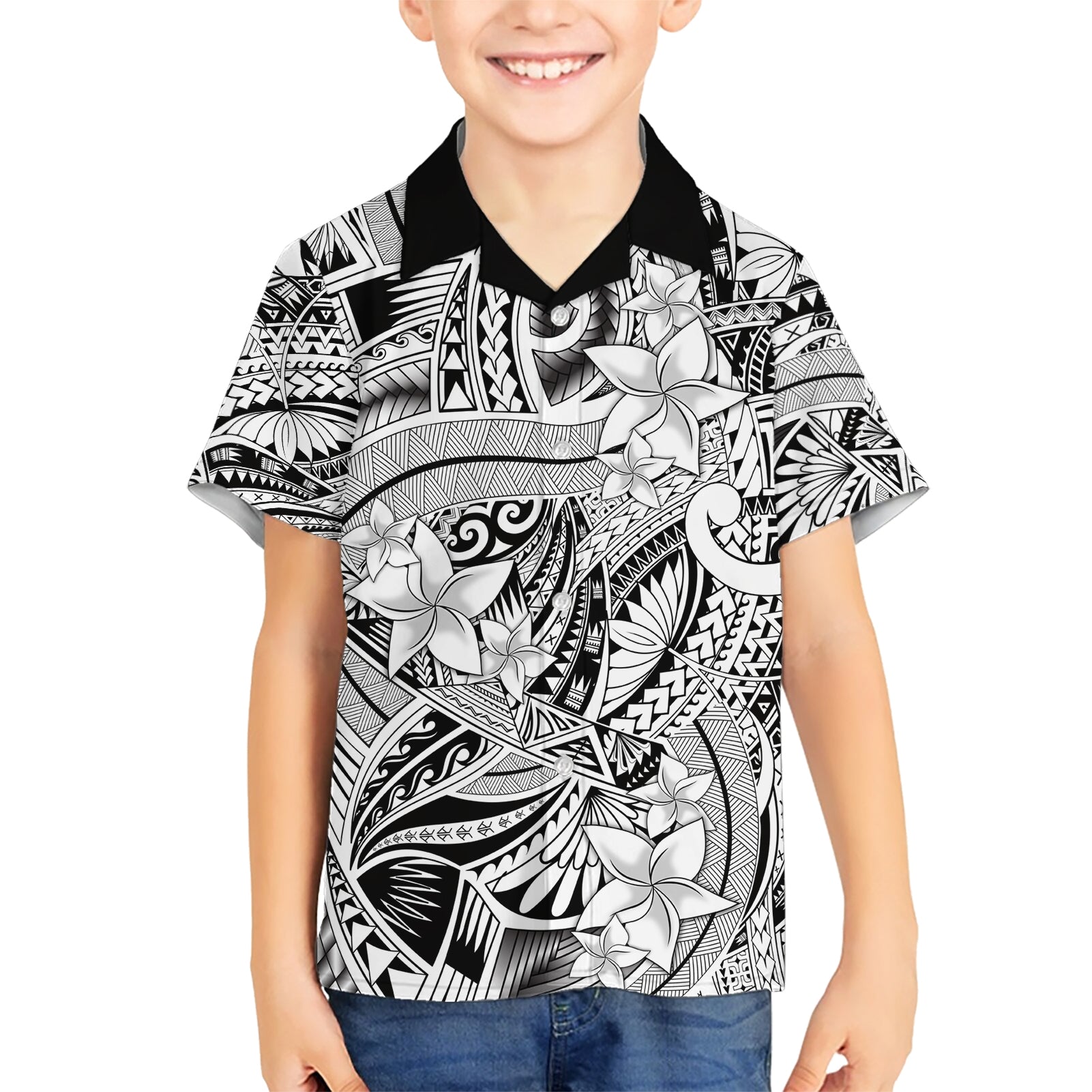 Polynesia Kid Hawaiian Shirt Tribal Polynesian Spirit With White Pacific Flowers LT9 Kid White - Polynesian Pride