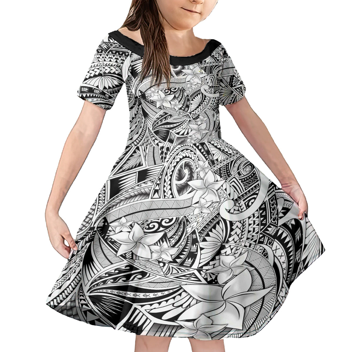 Polynesia Kid Short Sleeve Dress Tribal Polynesian Spirit With White Pacific Flowers LT9 KID White - Polynesian Pride