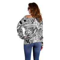 Polynesia Off Shoulder Sweater Tribal Polynesian Spirit With White Pacific Flowers LT9 - Polynesian Pride