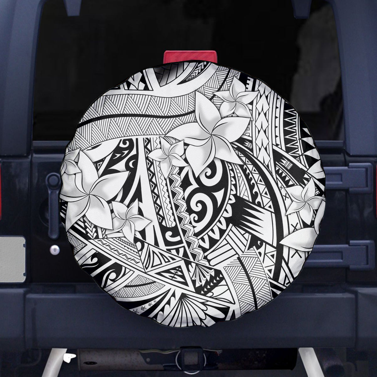 Polynesia Spare Tire Cover Tribal Polynesian Spirit With White Pacific Flowers LT9 White - Polynesian Pride
