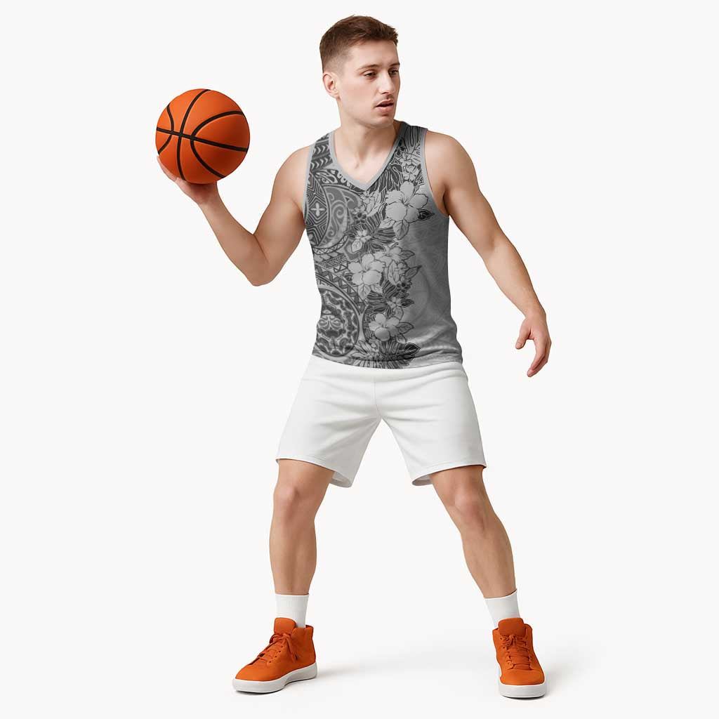 Polynesia Basketball Jersey Hibiscus Hawaiian Tribal Tattoo Retro Gray - Polynesian Pride