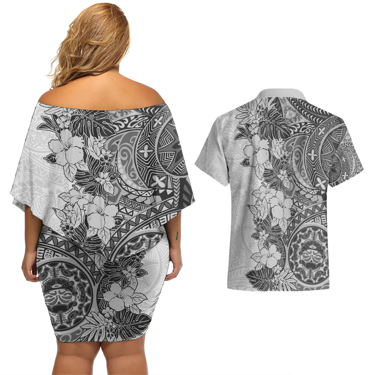 Polynesia Couples Matching Off Shoulder Short Dress and Hawaiian Shirt Hibiscus and Hawaiian Tribal Tattoo Retro Style Gray Color LT9 - Polynesian Pride