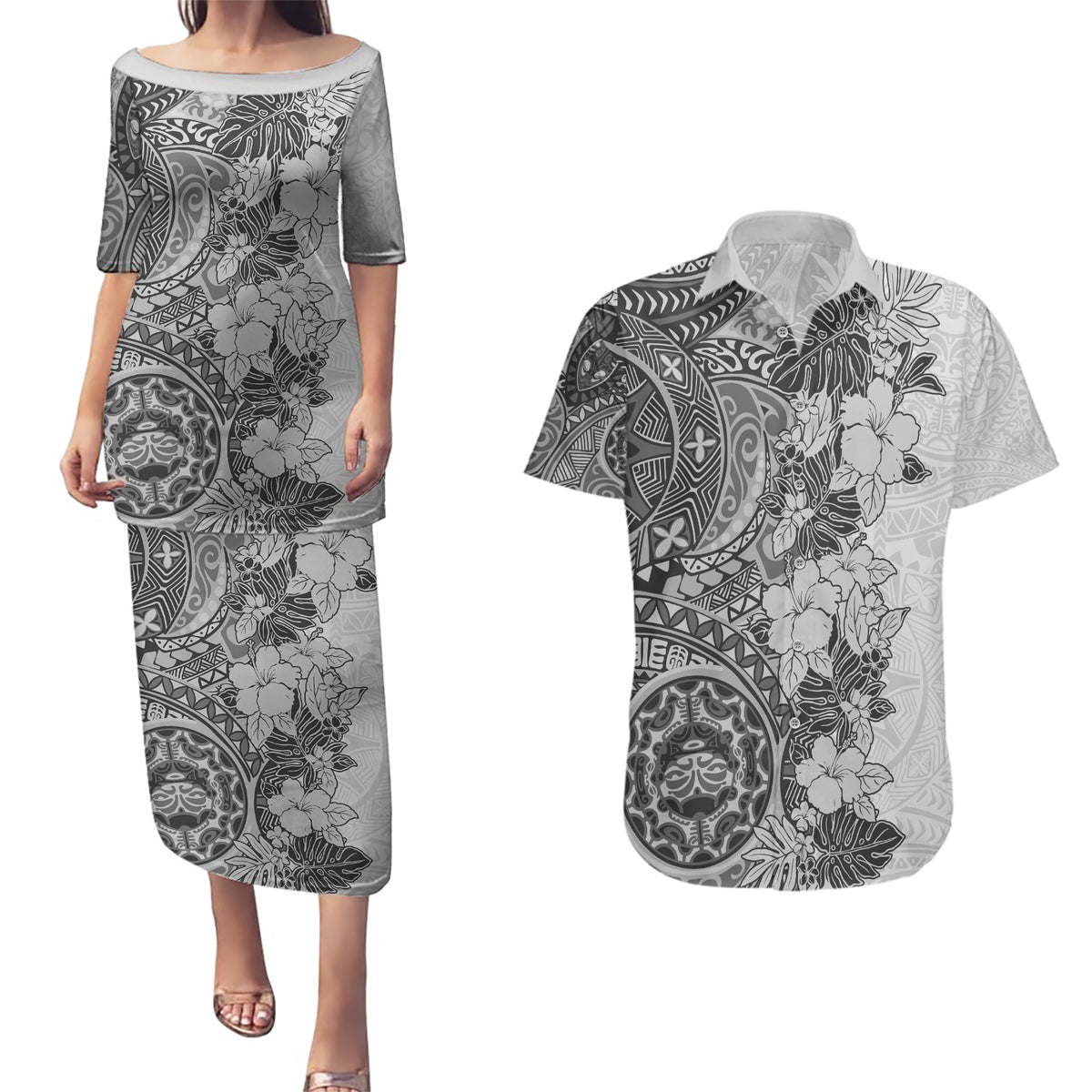 Polynesia Couples Matching Puletasi Dress and Hawaiian Shirt Hibiscus and Hawaiian Tribal Tattoo Retro Style Gray Color LT9 Gray - Polynesian Pride