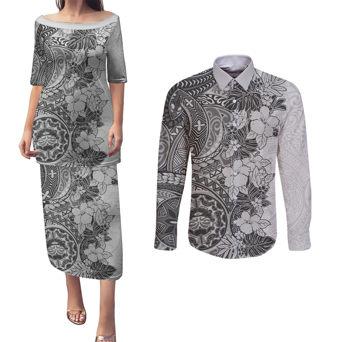 Polynesia Couples Matching Puletasi Dress and Long Sleeve Button Shirt Hibiscus and Hawaiian Tribal Tattoo Retro Style Gray Color LT9 Gray - Polynesian Pride