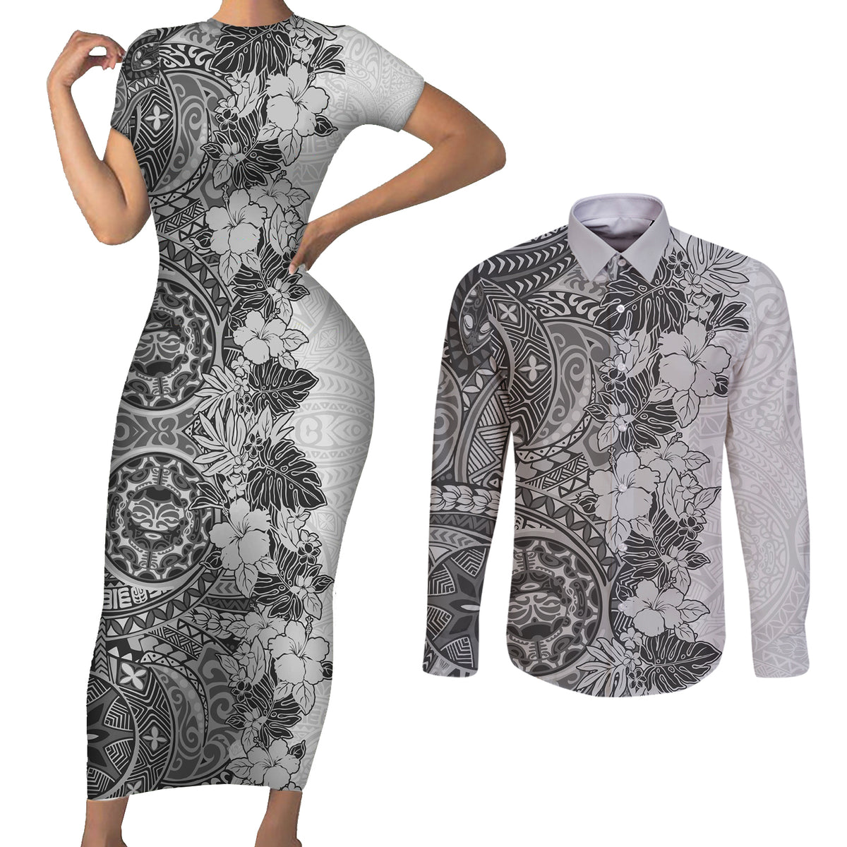 Polynesia Couples Matching Short Sleeve Bodycon Dress and Long Sleeve Button Shirt Hibiscus and Hawaiian Tribal Tattoo Retro Style Gray Color LT9 Gray - Polynesian Pride