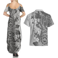 Polynesia Couples Matching Summer Maxi Dress and Hawaiian Shirt Hibiscus and Hawaiian Tribal Tattoo Retro Style Gray Color LT9 - Polynesian Pride