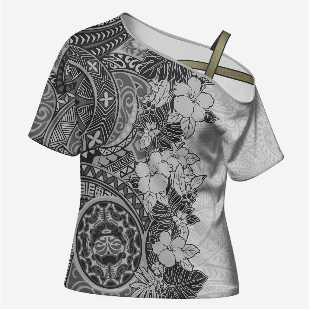 Polynesia Cross Shoulder Shirt Hibiscus Hawaiian Tribal Tattoo Retro Gray LT9 Female Gray - Polynesian Pride