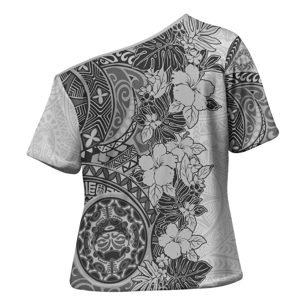 Polynesia Cross Shoulder Shirt Hibiscus Hawaiian Tribal Tattoo Retro Gray - Polynesian Pride