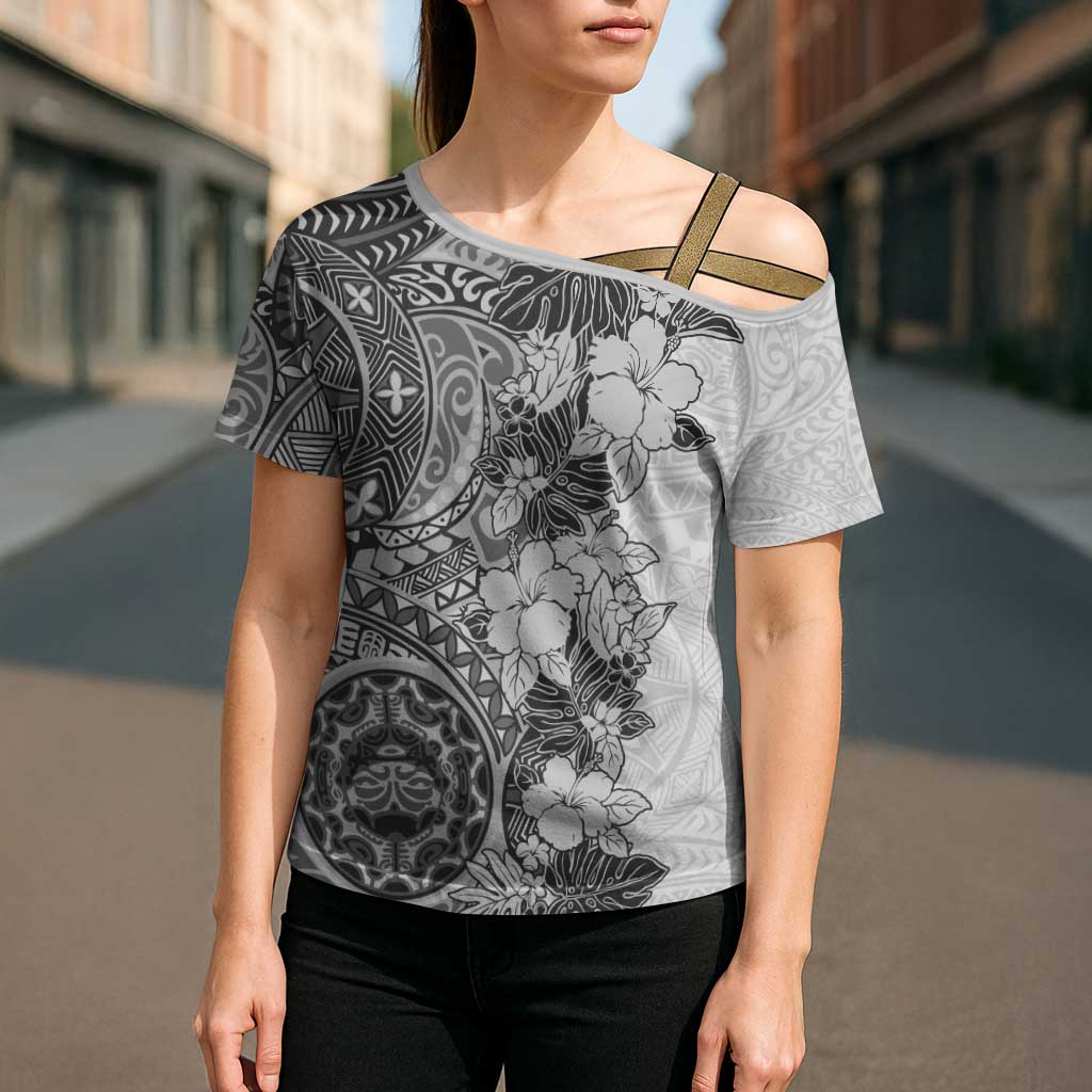 Polynesia Cross Shoulder Shirt Hibiscus Hawaiian Tribal Tattoo Retro Gray - Polynesian Pride