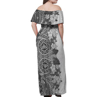 Polynesia Family Matching Off Shoulder Maxi Dress and Hawaiian Shirt Hibiscus and Hawaiian Tribal Tattoo Retro Style Gray Color LT9 - Polynesian Pride