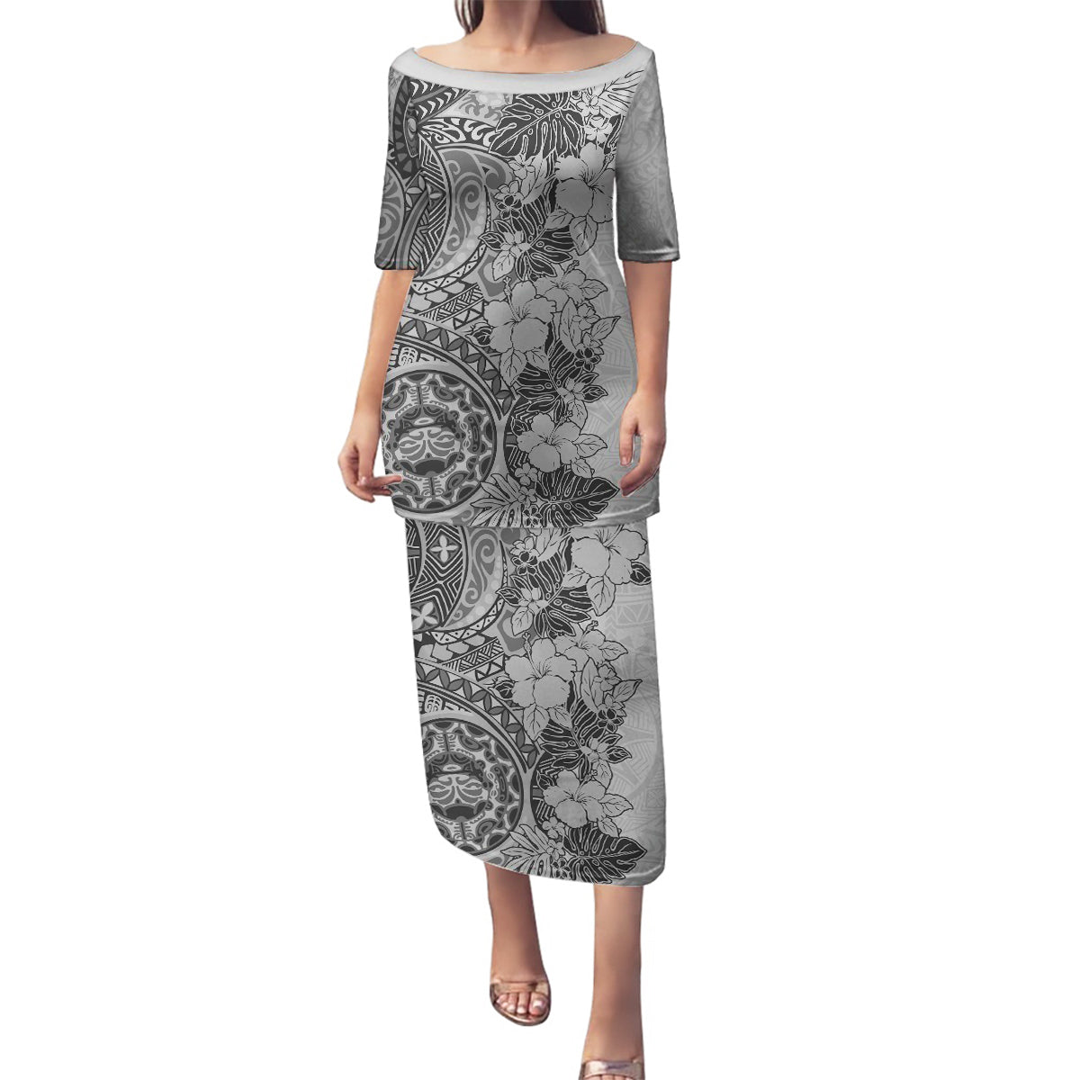 Polynesia Family Matching Puletasi Dress and Hawaiian Shirt Hibiscus and Hawaiian Tribal Tattoo Retro Style Gray Color LT9 Mom's Dress Gray - Polynesian Pride