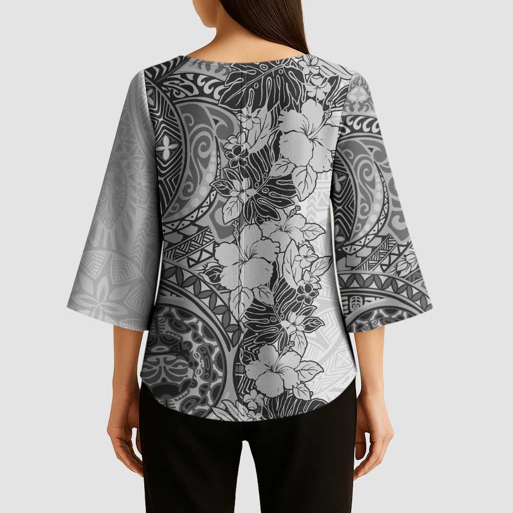 Polynesia Kimono Sleeve Blouse Hibiscus Hawaiian Tribal Tattoo Retro Gray - Polynesian Pride