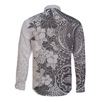 Polynesia Long Sleeve Button Shirt Hibiscus and Hawaiian Tribal Tattoo Retro Style Gray Color LT9 - Polynesian Pride