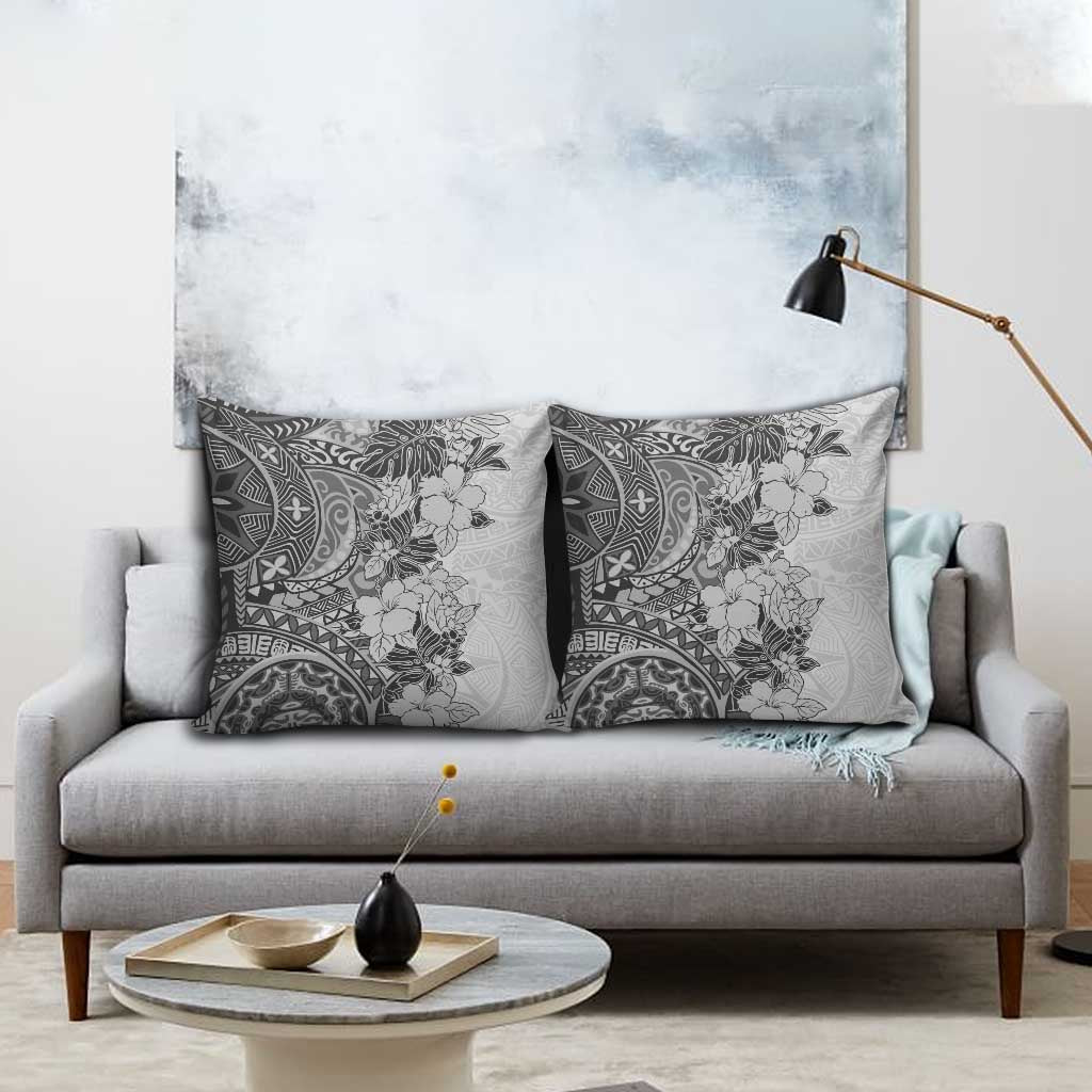 Polynesia Pillow Cover Hibiscus Hawaiian Tribal Tattoo Retro Gray - Polynesian Pride