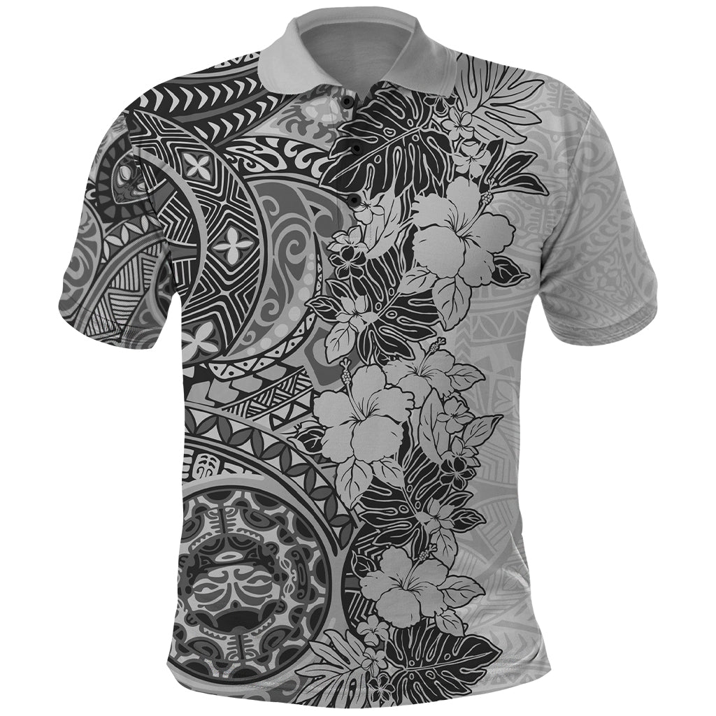 Polynesia Polo Shirt Hibiscus and Hawaiian Tribal Tattoo Retro Style Gray Color LT9 Gray - Polynesian Pride