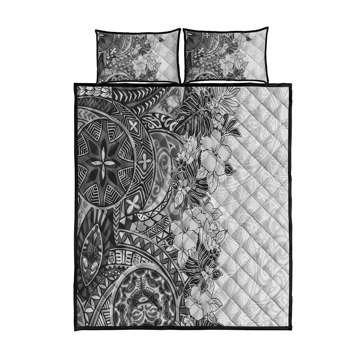 Polynesia Quilt Bed Set Hibiscus and Hawaiian Tribal Tattoo Retro Style Gray Color LT9 Gray - Polynesian Pride